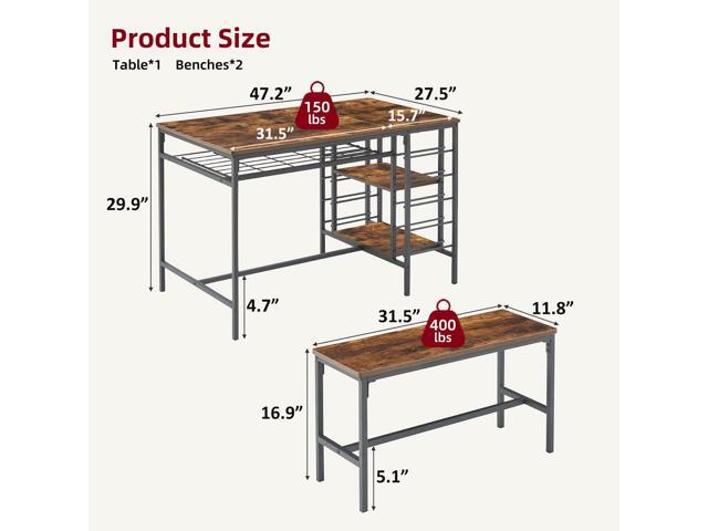 Rustic Brown Dining Table Set for 4, Kitchen Table with 2 Benches, Wine Rack and Storage Shelf, Rectangular Dining Room Table Set, for Small Space,...
