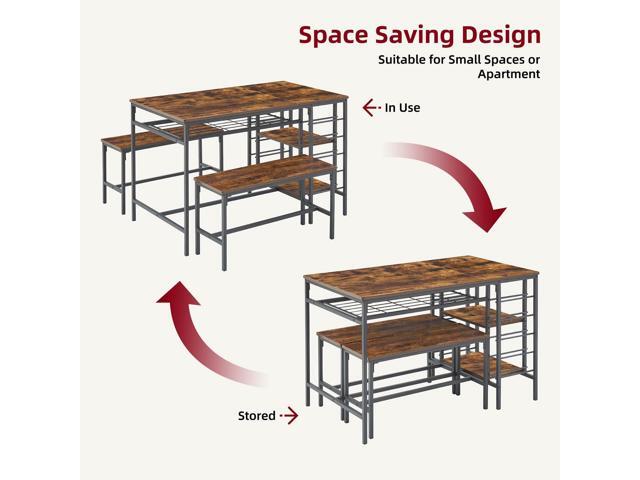 Rustic Brown Dining Table Set for 4, Kitchen Table with 2 Benches, Wine Rack and Storage Shelf, Rectangular Dining Room Table Set, for Small Space,...