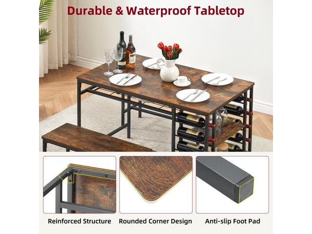 Rustic Brown Dining Table Set for 4, Kitchen Table with 2 Benches, Wine Rack and Storage Shelf, Rectangular Dining Room Table Set, for Small Space,...