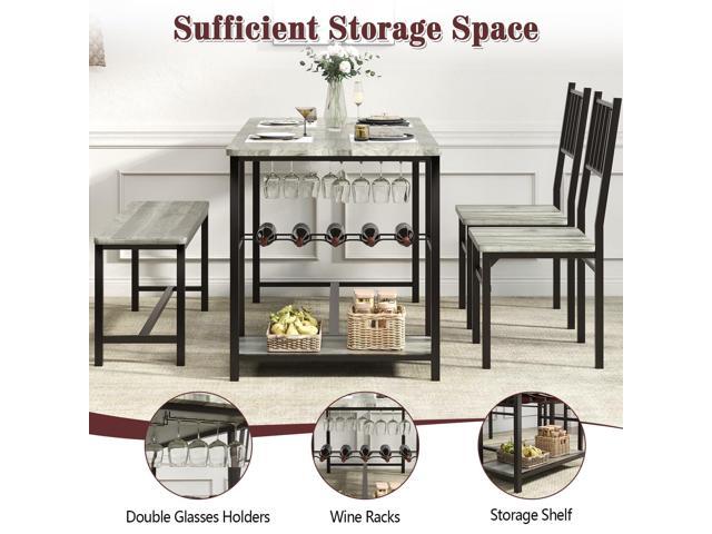 4 EVER WINNER Dining Table Set for 4, 55' Kitchen Table Set with Storage Shelf, Wine Rack & Wine Glasses Holder, Breakfast Table Set for 4 with...