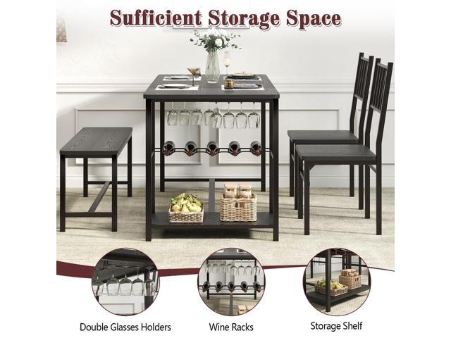 4 EVER WINNER Dining Table Set for 4, 55' Small Kitchen Table with Wine Rack & Wine Glasses Holder, Dining Room Table Set with 2 Chairs and Bench...