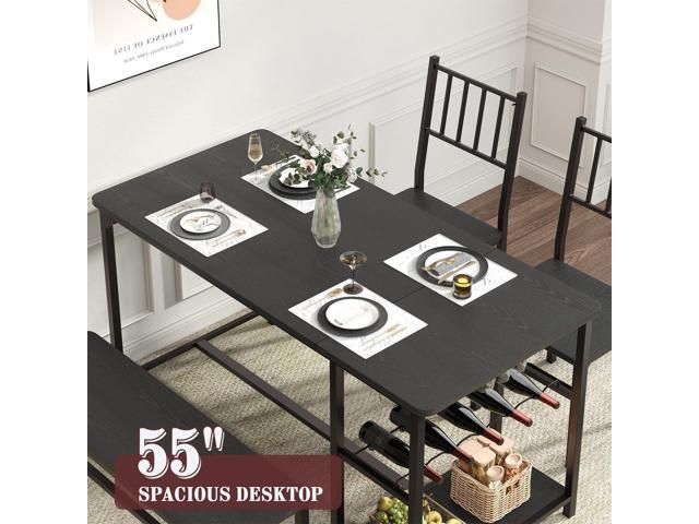 4 EVER WINNER Dining Table Set for 4, 55' Small Kitchen Table with Wine Rack & Wine Glasses Holder, Dining Room Table Set with 2 Chairs and Bench...