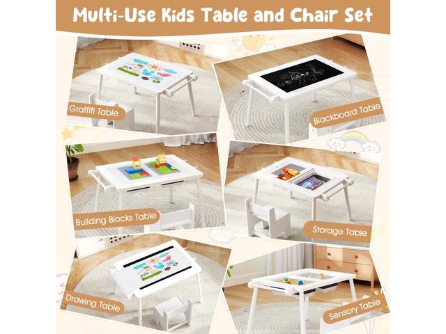 Costzon Kids Table and Chair, 6 in 1 Sensory Desk Set w/Storage Bins, White & Black Board, Building Blocks and Paper Roll for Drawing & Sand Water...