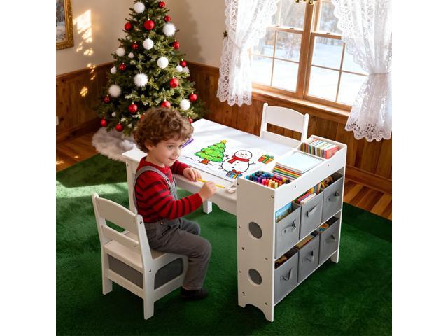 Kinder King Kids Art Table & Chair Set, Wood Toddler Activity Table for Kids Drawing, Reading, Studying, Crafting, Playing, 8 Removable Bins, Paper...
