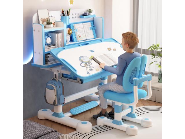 Upgrade Kid Desk and Chair Set, 50-Degree Tiltable Desktop Height Adjustable Kids Table and Chair Set with Bookshelf Storage Drawer for Bedroom...