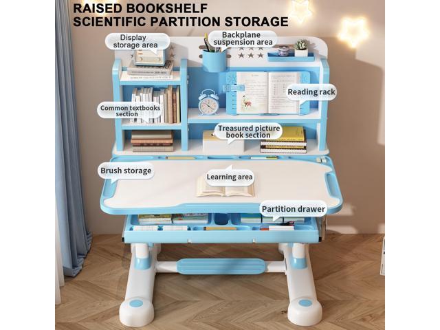 Upgrade Kid Desk and Chair Set, 50-Degree Tiltable Desktop Height Adjustable Kids Table and Chair Set with Bookshelf Storage Drawer for Bedroom...