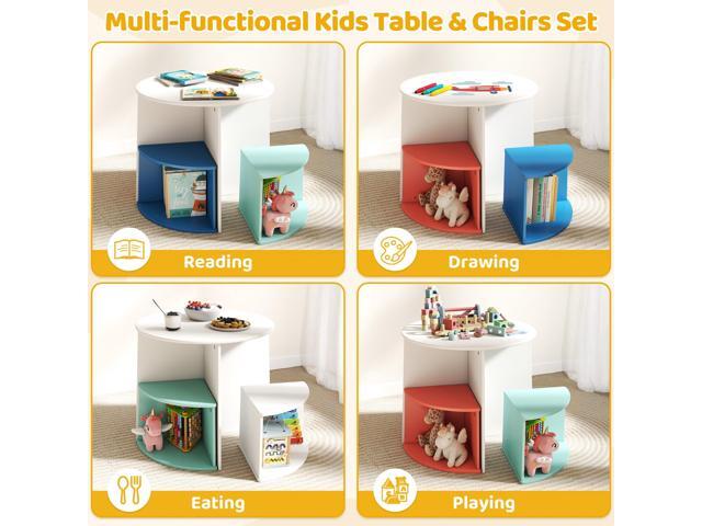 Kids Table and 4 Chairs Set with Storage, Round Wooden Activity Table with Graffiti Art Desktop for Toddler, Childrens Play Furniture for...