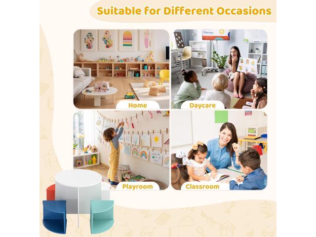 Kids Table and 4 Chairs Set with Storage, Round Wooden Activity Table with Graffiti Art Desktop for Toddler, Childrens Play Furniture for...