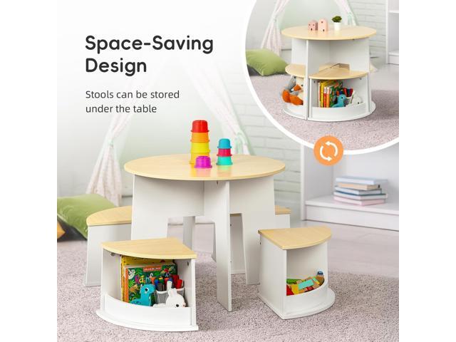 OOOK Toddler Table and Chair Set, Wooden Round Table with 4 Storage Stools, Kids Tables and Chairs for Arts, Crafts, Read and Play