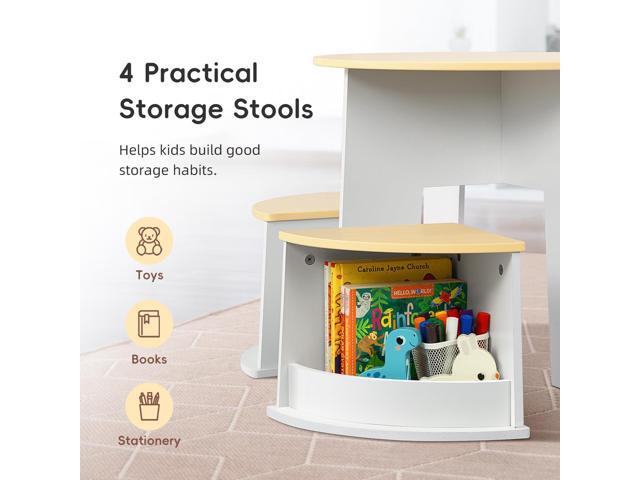 OOOK Toddler Table and Chair Set, Wooden Round Table with 4 Storage Stools, Kids Tables and Chairs for Arts, Crafts, Read and Play