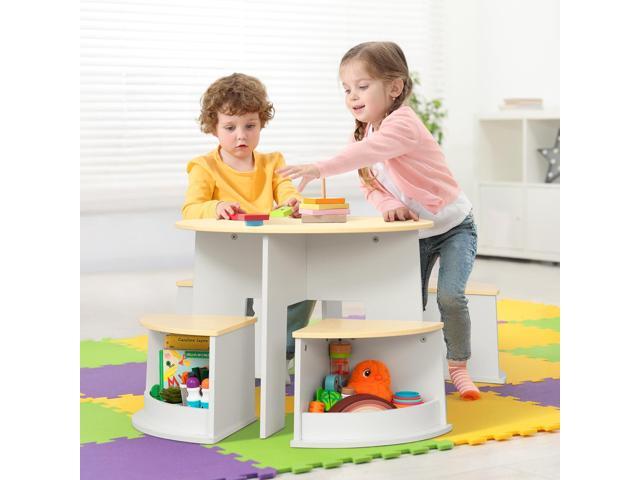 OOOK Toddler Table and Chair Set, Wooden Round Table with 4 Storage Stools, Kids Tables and Chairs for Arts, Crafts, Read and Play