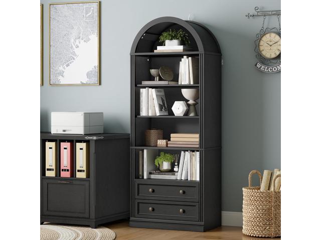 Farmhouse Arched Bookshelf, 7 Tiers Arch Bookcase with 2 Spacious Drawers, Modern Book Shelf with Open Display Shelves and Storage Cabinet, for...