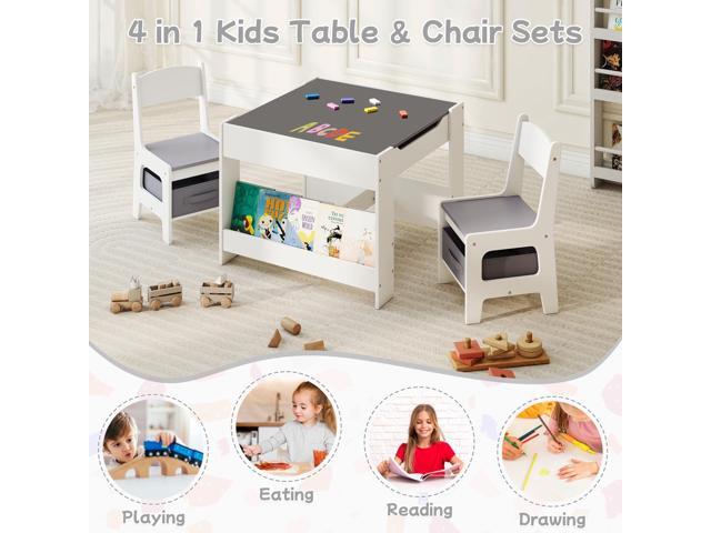 Kids Table and Chair Set, 4 in 1 Wooden Activity Table with Detachable Tabletop, Toddler Table and Chair Set with Storage Drawer/Bookshelves, Kids...
