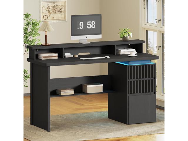 59' Executive Desk with Drawer, Fluted Computer Desk with File Drawer & Monitor Stand, Home Office Desk with Power Outlet, LED Light, Modern Fluted...