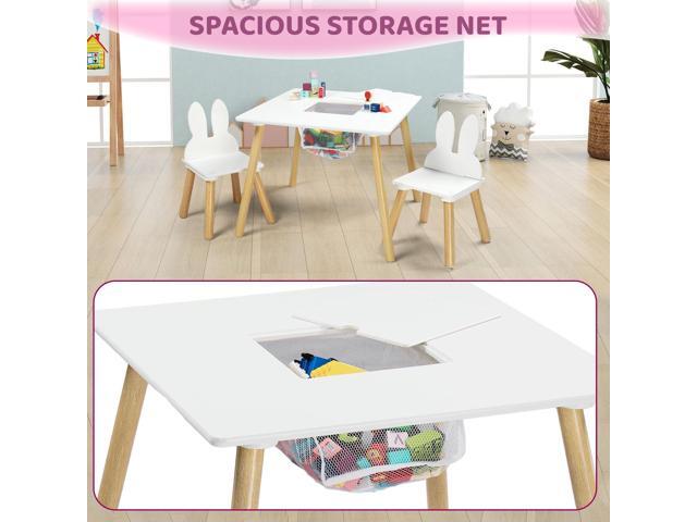 JOYMOR Kids Table and 2 Chairs Set, 3 in 1 Design for Toddler Activity, with Removable Tabletop, Storage Space and White Bunny Ear Chairs, Ideal...