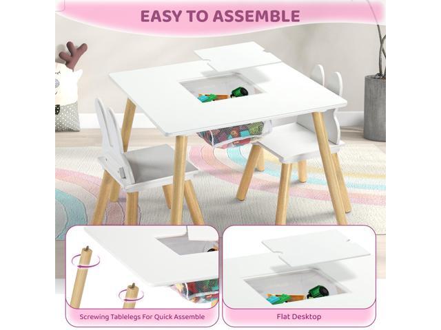JOYMOR Kids Table and 2 Chairs Set, 3 in 1 Design for Toddler Activity, with Removable Tabletop, Storage Space and White Bunny Ear Chairs, Ideal...