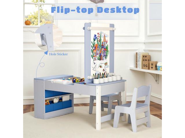 MAMIZO 3 in 1 Kids Art Table and Chair Set, Versatile Tabletop Large Storage, Sturdy, Wood Toddler Activity Desk with 6 Paint Cups, 6 Storage Bins...