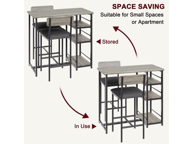 3-Piece Bar Table Set for 2, Compact Dining Table Set with 3-Tier Storage Shelves, Space-Saving Breakfast Nook with 2 Upholstered Chairs, Suitable...