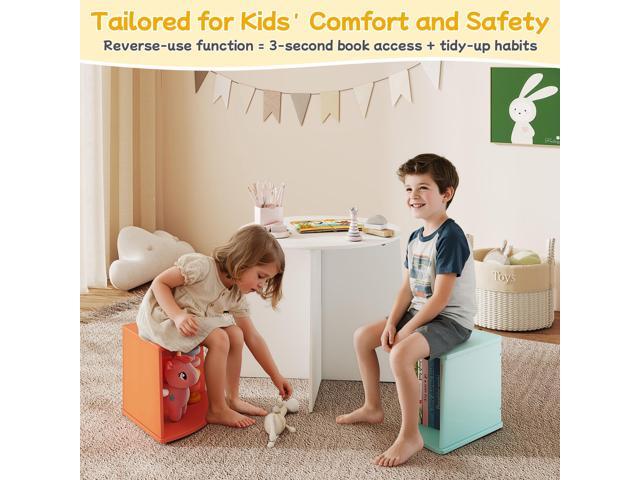 Toddler Table and Chair Set with Graffiti Desktop, Wooden Round Kids Table with 4 Storage Stools, Kid Activity Tables for Nursery/Daycare/Home,...