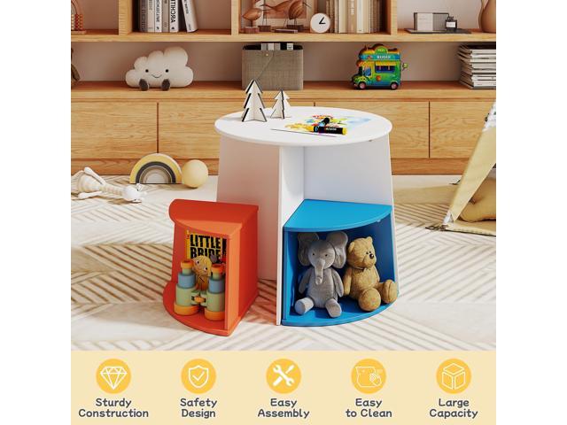Toddler Table and Chair Set with Graffiti Desktop, Wooden Round Kids Table with 4 Storage Stools, Kid Activity Tables for Nursery/Daycare/Home,...