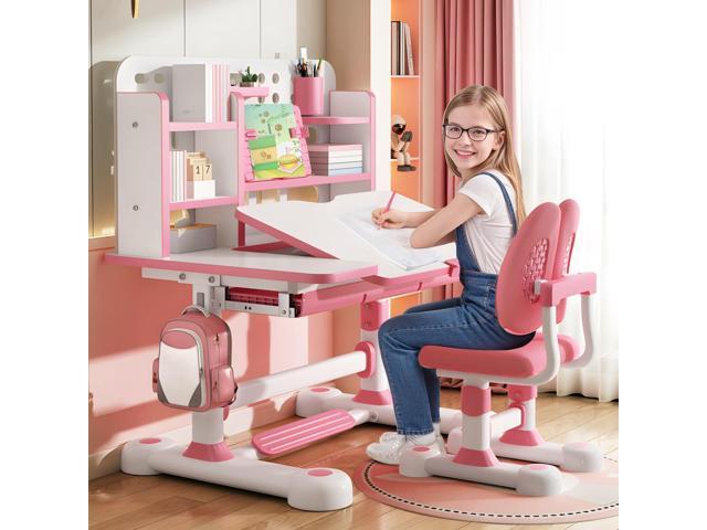 2025 Upgraded Kids Study Desk and Chair Set, 50 Degree Tiltable & Height Adjustable Kids Desk with Storage Drawers and Bookshelf (Pink-New 2)