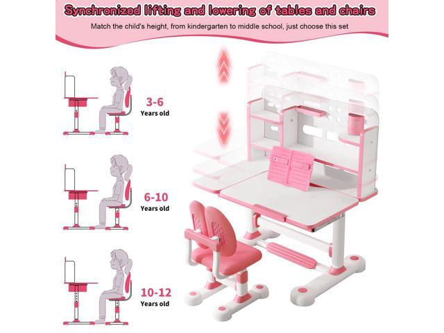 2025 Upgraded Kids Study Desk and Chair Set, 50 Degree Tiltable & Height Adjustable Kids Desk with Storage Drawers and Bookshelf (Pink-New 2)