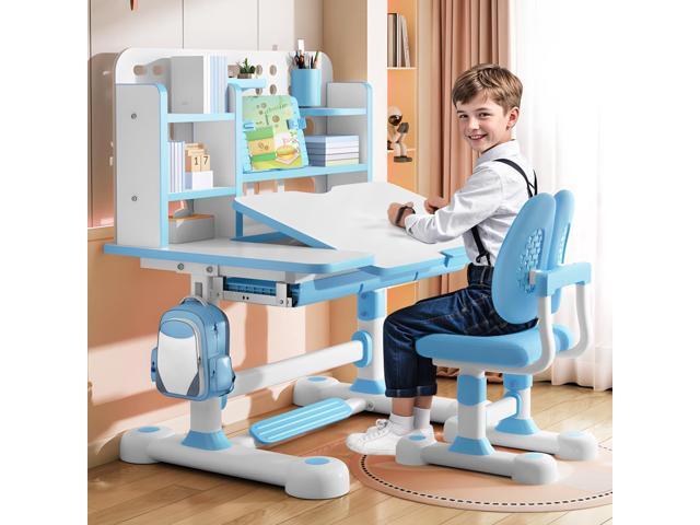 2025 Upgraded Kids Study Desk and Chair Set, 50 Degree Tiltable & Height Adjustable Kids Desk with Storage Drawers and Bookshelf (Blue-New 2)
