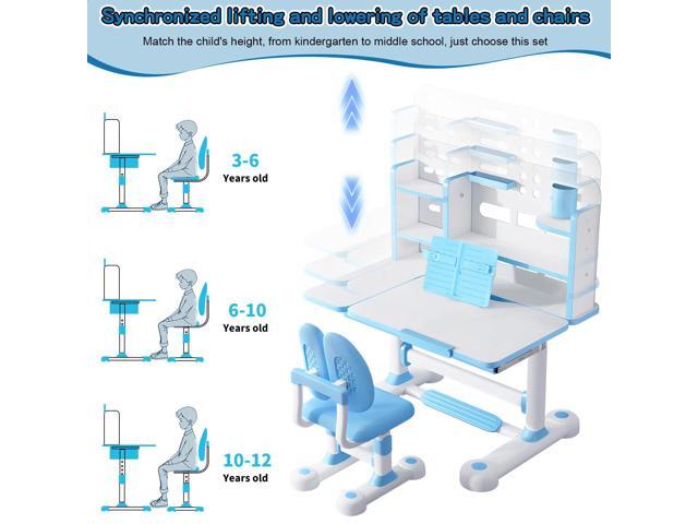 2025 Upgraded Kids Study Desk and Chair Set, 50 Degree Tiltable & Height Adjustable Kids Desk with Storage Drawers and Bookshelf (Blue-New 2)