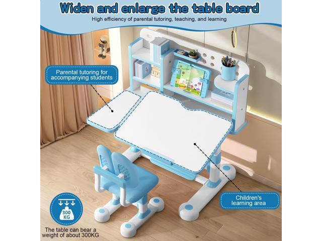 2025 Upgraded Kids Study Desk and Chair Set, 50 Degree Tiltable & Height Adjustable Kids Desk with Storage Drawers and Bookshelf (Blue-New 2)