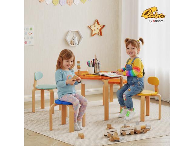 Qaba Kids Table and 4 Chairs Set, 5 Piece Wooden Toddler Table and Chair Set with Built-in Storage, Flower-Shape Activity Table for Children...