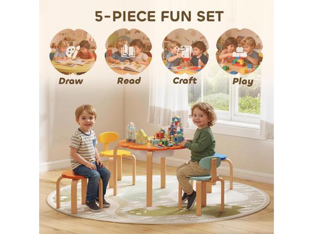 Qaba Kids Table and 4 Chairs Set, 5 Piece Wooden Toddler Table and Chair Set with Built-in Storage, Flower-Shape Activity Table for Children...