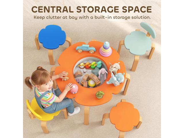 Qaba Kids Table and 4 Chairs Set, 5 Piece Wooden Toddler Table and Chair Set with Built-in Storage, Flower-Shape Activity Table for Children...