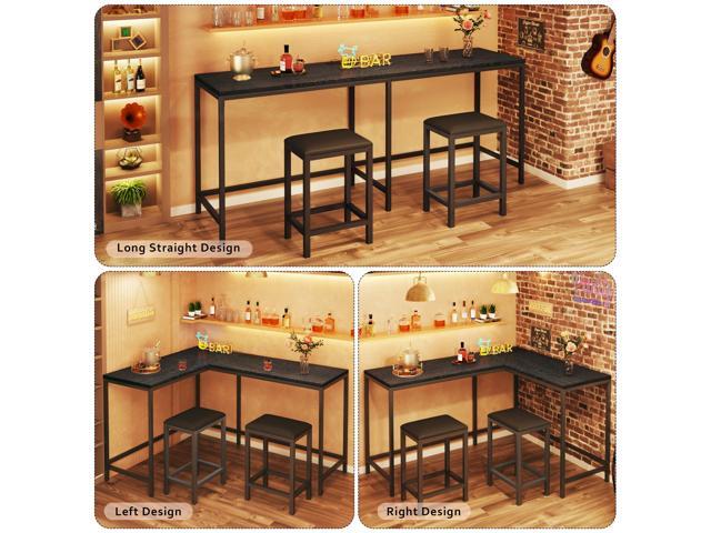 L Shaped Bar Table with Stools, 63 Bar Height Table with Power Outlets, Convertible Corner Counter Height Bar Table with 2 Stools, Rectangular High...