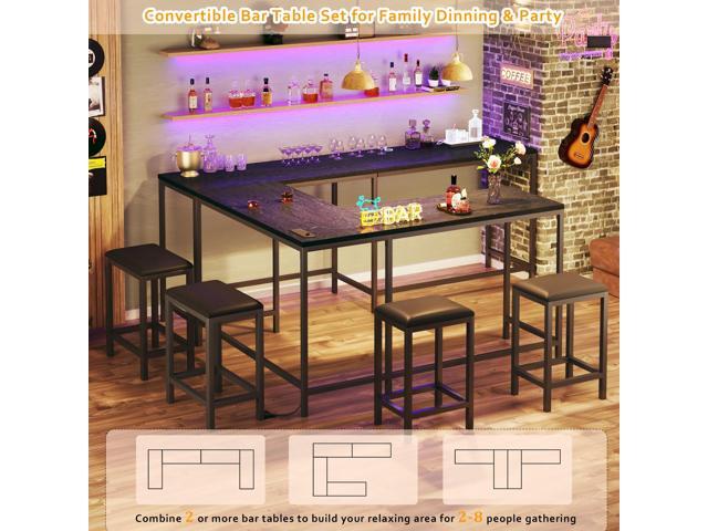 L Shaped Bar Table with Stools, 63 Bar Height Table with Power Outlets, Convertible Corner Counter Height Bar Table with 2 Stools, Rectangular High...