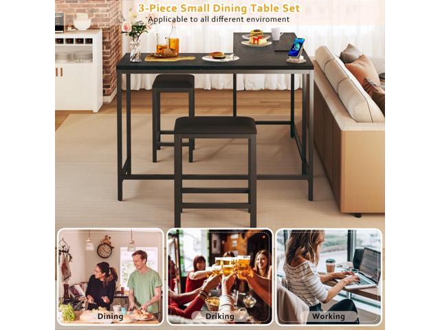L Shaped Bar Table with Stools, 63 Bar Height Table with Power Outlets, Convertible Corner Counter Height Bar Table with 2 Stools, Rectangular High...