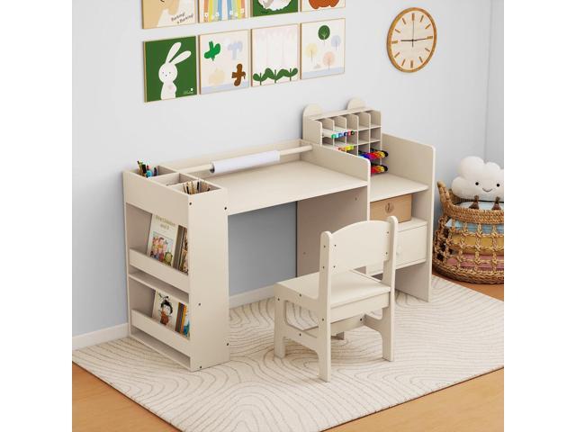Costzon Kids Desk and Chair Set, Art Activity Desk Set with Detachable Paper Roll Holder, Cubby Cabinet, and Multiple Storage Space, 2-in-1 Toddler...