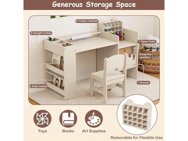 Costzon Kids Desk and Chair Set, Art Activity Desk Set with Detachable Paper Roll Holder, Cubby Cabinet, and Multiple Storage Space, 2-in-1 Toddler...