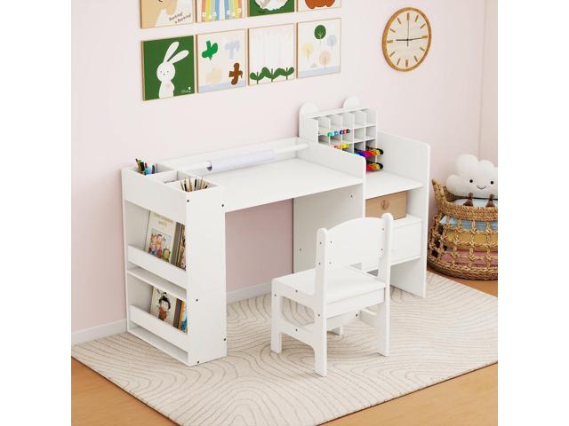 Costzon Toddler Table and Chair Set, Art Activity Desk Set with Detachable Paper Roll Holder, Cubby Cabinet, Storage Drawer and Bookshelf, 2-in-1...