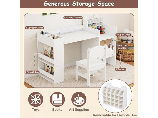 Costzon Toddler Table and Chair Set, Art Activity Desk Set with Detachable Paper Roll Holder, Cubby Cabinet, Storage Drawer and Bookshelf, 2-in-1...