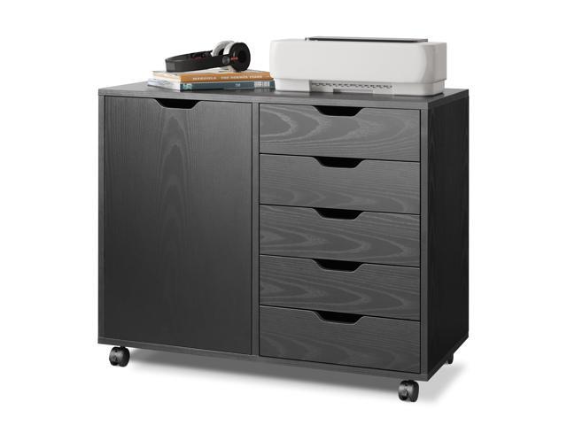 DEVAISE Mobile File Cabinet, 5-Drawer Wood Storage Chest with Door, Printer Stand for Home Office, Black