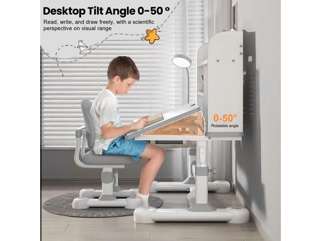 Upgrade Kid Desk and Chair Set, 50-Degree Tiltable Desktop Height Adjustable Kids Table and Chair Set with Bookshelf Storage Drawer for Bedroom...