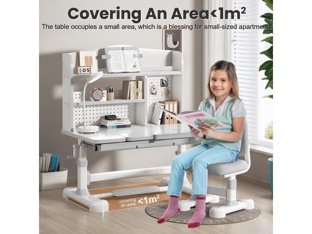 Upgrade Kid Desk and Chair Set, 50-Degree Tiltable Desktop Height Adjustable Kids Table and Chair Set with Bookshelf Storage Drawer for Bedroom...