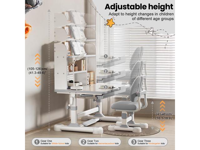 Upgrade Kid Desk and Chair Set, 50-Degree Tiltable Desktop Height Adjustable Kids Table and Chair Set with Bookshelf Storage Drawer for Bedroom...