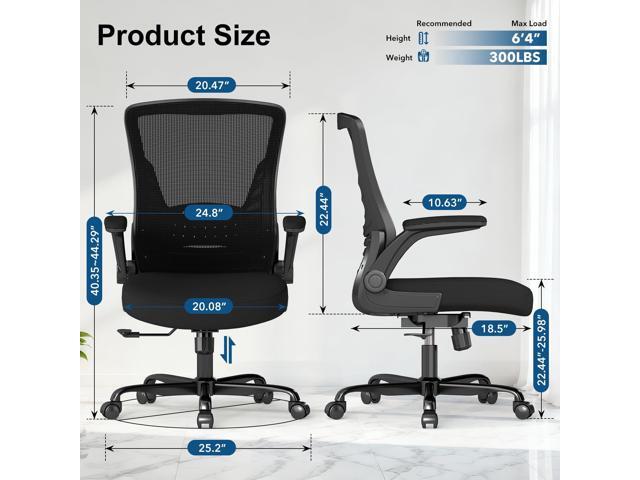 Office Chair Ergonomic Desk Chair with Comfy Mesh, Adjustable Height and Computer Use, for Home Office, Featuring Silent Wheel and Flip-Up...