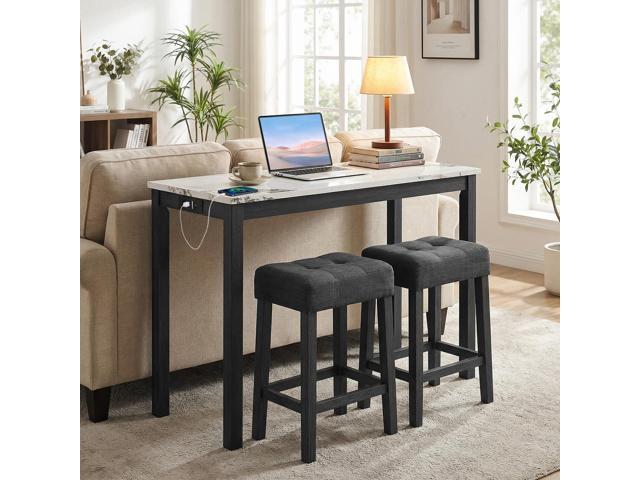 COSTWAY 3-Piece Bar Table Set with Charging Station, Modern Counter Height Breakfast Table w/Faux Marble Top & 2 Padded Stools, Wooden Console...