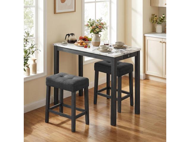 COSTWAY 3-Piece Bar Table Set with Charging Station, Modern Counter Height Breakfast Table w/Faux Marble Top & 2 Padded Stools, Wooden Console...