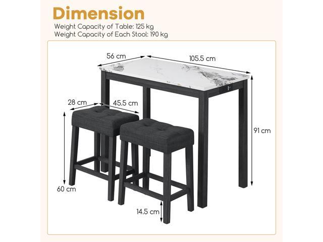 COSTWAY 3-Piece Bar Table Set with Charging Station, Modern Counter Height Breakfast Table w/Faux Marble Top & 2 Padded Stools, Wooden Console...