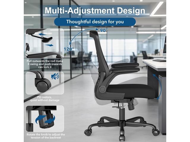 Ergonomic Office Chair, Mesh Desk Chair with Adjustable Height & Flip-Up Armrests, Comfortable Computer Chair for Long Hours, Silent Wheels for...