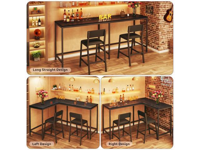 Bar Table and Chairs Set, 3 Piece Convertible L-Shaped Kitchen Table with 2 PU Leather Bar Stools, 63 Counter Height Small Dining Table with Power...