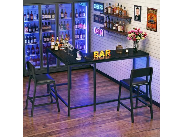 Bar Table and Chairs Set, 3 Piece Convertible L-Shaped Kitchen Table with 2 PU Leather Bar Stools, 63 Counter Height Small Dining Table with Power...